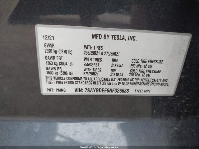 2022 Tesla Model Y Performance Dual Motor All-wheel Drive მანქანა იყიდება აუქციონზე, vin: 7SAYGDEF6NF326688, აუქციონის ნომერი: 45930327