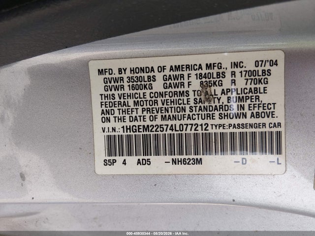 Продаж на аукціоні авто 2004 Honda Civic Lx, vin: 1HGEM22574L077212, номер лоту: 45930344