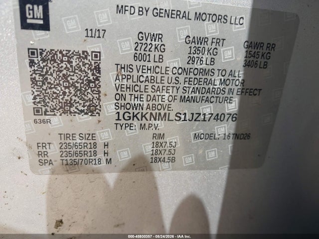 2018 Gmc Acadia Slt-1 მანქანა იყიდება აუქციონზე, vin: 1GKKNMLS1JZ174076, აუქციონის ნომერი: 45930357