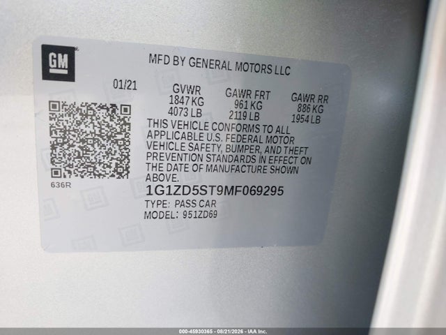 Продаж на аукціоні авто 2021 Chevrolet Malibu Fwd Lt, vin: 1G1ZD5ST9MF069295, номер лоту: 45930365