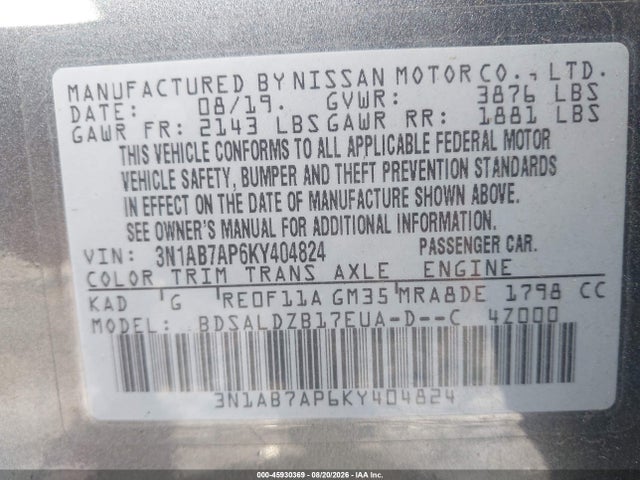 Продаж на аукціоні авто 2019 Nissan Sentra Sv, vin: 3N1AB7AP6KY404824, номер лоту: 45930369
