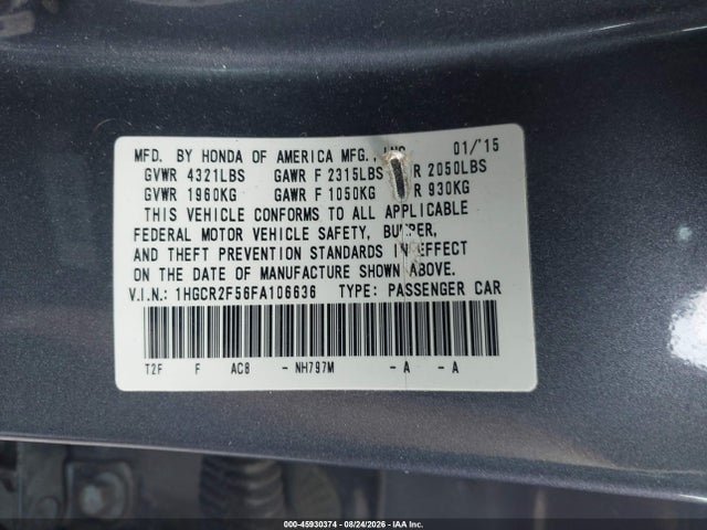 2015 Honda Accord Sport მანქანა იყიდება აუქციონზე, vin: 1HGCR2F56FA106636, აუქციონის ნომერი: 45930374