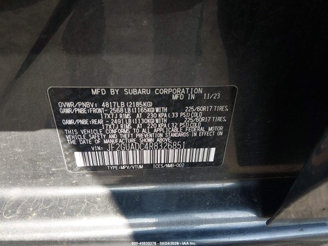 Aukcja sprzedaży 2024 Subaru Crosstrek Premium, vin: JF2GUADC4R8326851, numer aukcji: 45930376