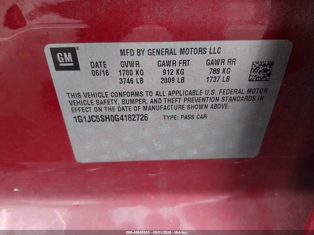 Продаж на аукціоні авто 2016 Chevrolet Sonic Lt Auto, vin: 1G1JC5SH0G4182726, номер лоту: 45930383