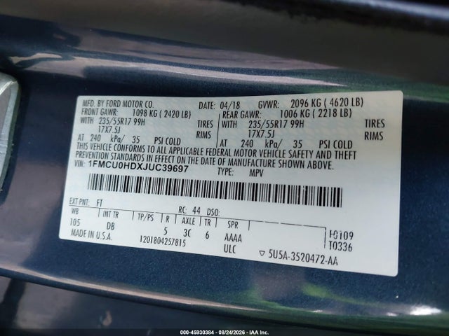 Продаж на аукціоні авто 2018 Ford Escape Sel, vin: 1FMCU0HDXJUC39697, номер лоту: 45930384