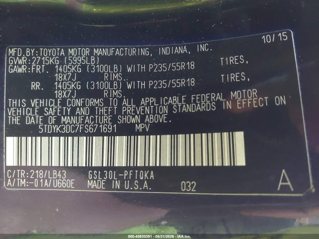 5TDYK3DC7FS671691 Toyota Sienna Limited 7 Passenger