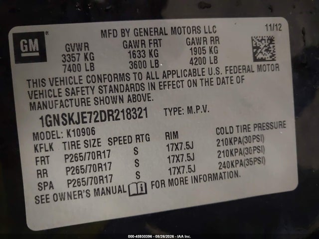 Aukcja sprzedaży 2013 Chevrolet Suburban Lt, vin: 1GNSKJE72DR218321, numer aukcji: 45930396