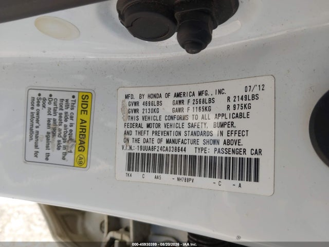 Aukcja sprzedaży 2012 Acura Tl 3.5, vin: 19UUA8F24CA038644, numer aukcji: 45930399