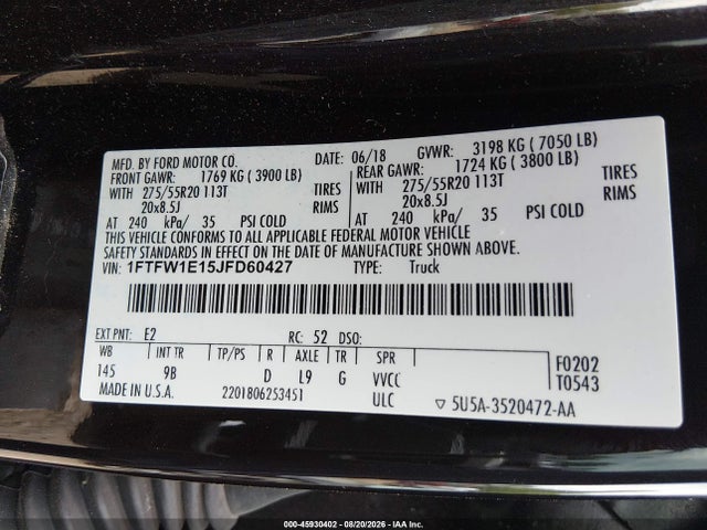 45930402 :رقم المزاد ، 1FTFW1E15JFD60427 vin ، 2018 Ford F-150 Platinum مزاد بيع