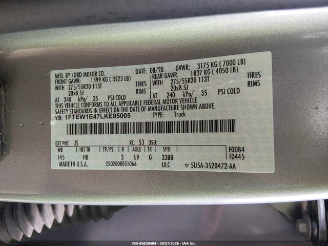 Ford F-150 Lariat 2020 1FTEW1E47LKE95005 Image 9