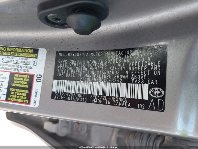 Aukcja sprzedaży 2016 Toyota Corolla Le, vin: 2T1BURHE0GC643742, numer aukcji: 45930405