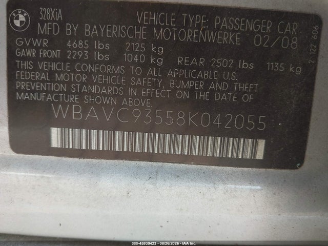 Продаж на аукціоні авто 2008 Bmw 328xi, vin: WBAVC93558K042055, номер лоту: 45930423
