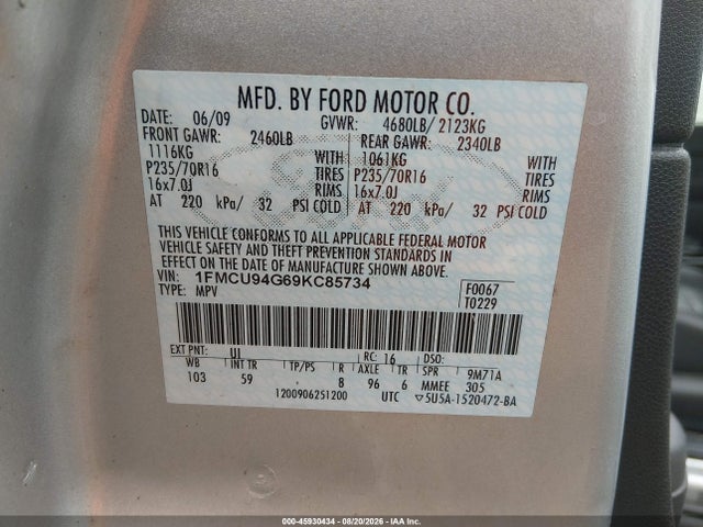 45930434 :رقم المزاد ، 1FMCU94G69KC85734 vin ، 2009 Ford Escape Limited مزاد بيع