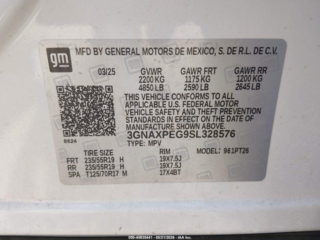 45930441 :رقم المزاد ، 3GNAXPEG9SL328576 vin ، 2025 Chevrolet Equinox Awd Lt مزاد بيع