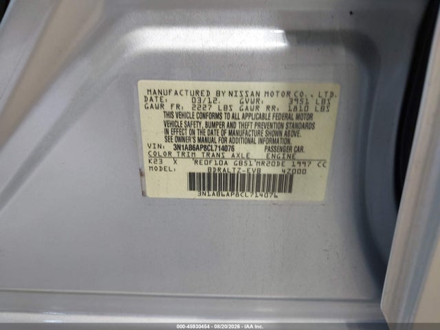 Продажа на аукционе авто 2012 Nissan Sentra 2.0 Sr, vin: 3N1AB6AP8CL714076, номер лота: 45930454