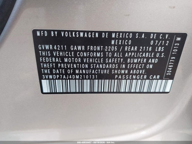 Продаж на аукціоні авто 2013 Volkswagen Jetta 2.5l Se, vin: 3VWDP7AJ4DM210131, номер лоту: 45930457
