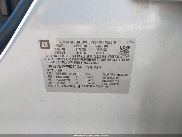 Aukcja sprzedaży 2015 Gmc Terrain Sle-2, vin: 2GKFLWEK5F6270134, numer aukcji: 45930468