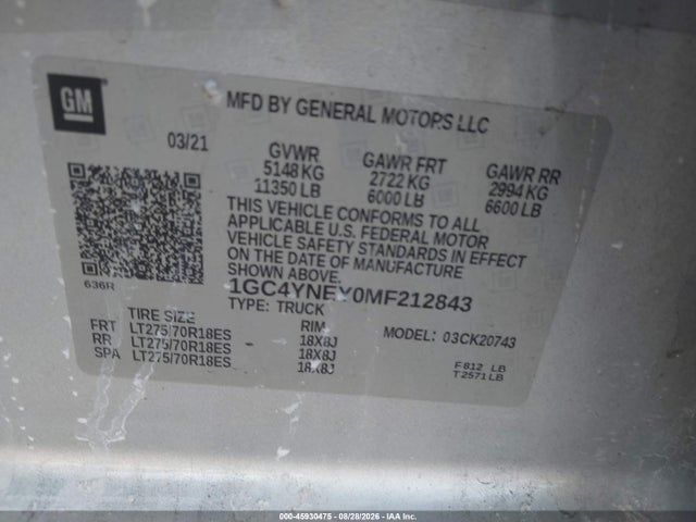 45930475 :رقم المزاد ، 1GC4YNEY0MF212843 vin ، 2021 Chevrolet Silverado 2500hd 4wd  Standard Bed Lt مزاد بيع