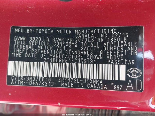 Toyota Corolla Le Plus 2015 2T1BURHE1FC359194 Image 9