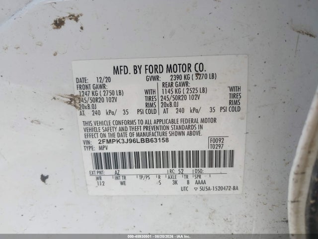 Продажа на аукционе авто 2020 Ford Edge St Line, vin: 2FMPK3J96LBB63158, номер лота: 45930501