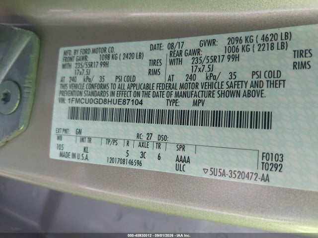 45930512 :رقم المزاد ، 1FMCU0GD8HUE87104 vin ، 2017 Ford Escape Se مزاد بيع