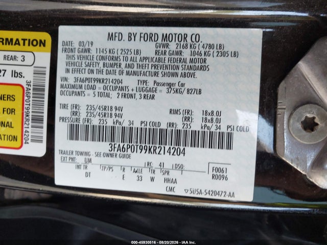 Продаж на аукціоні авто 2019 Ford Fusion Se, vin: 3FA6P0T99KR214204, номер лоту: 45930516