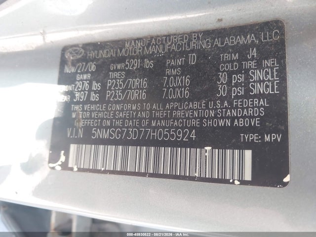 45930522 :رقم المزاد ، 5NMSG73D77H055924 vin ، 2007 Hyundai Santa Fe Gls مزاد بيع