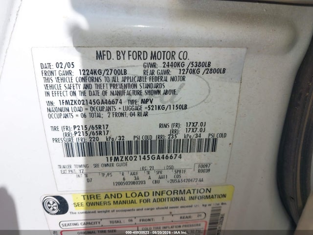 45930523 :رقم المزاد ، 1FMZK02145GA46674 vin ، 2005 Ford Freestyle Sel مزاد بيع