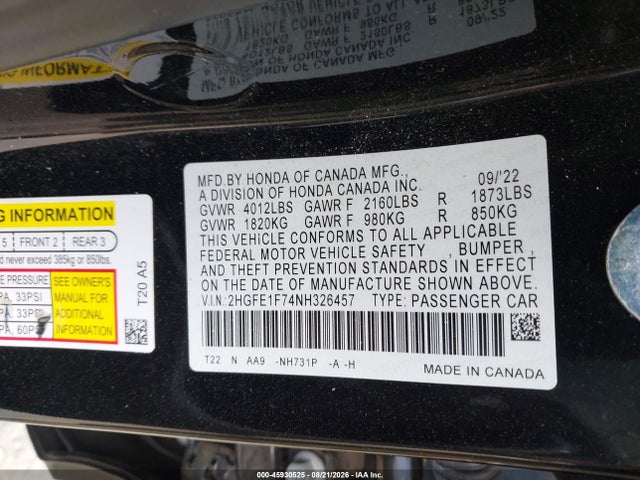 Honda CIVIC EX 2022 2HGFE1F74NH326457 Image 9
