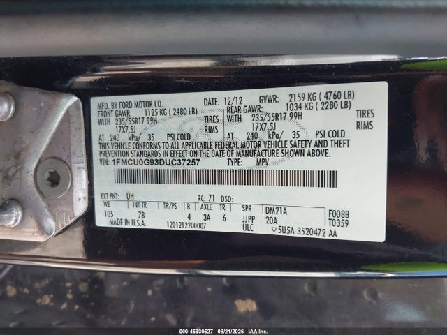 Продаж на аукціоні авто 2013 Ford Escape Se, vin: 1FMCU0G93DUC37257, номер лоту: 45930527
