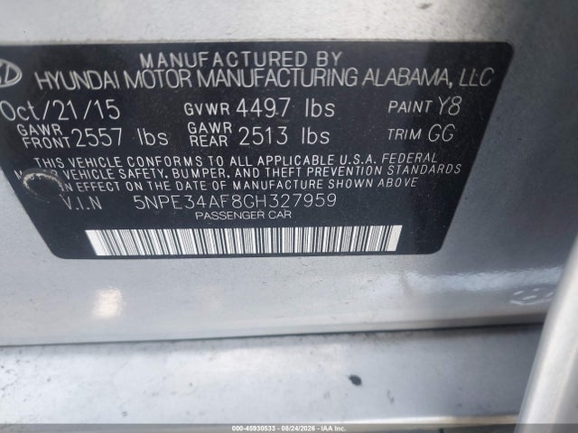 2016 Hyundai Sonata Sport მანქანა იყიდება აუქციონზე, vin: 5NPE34AF8GH327959, აუქციონის ნომერი: 45930533