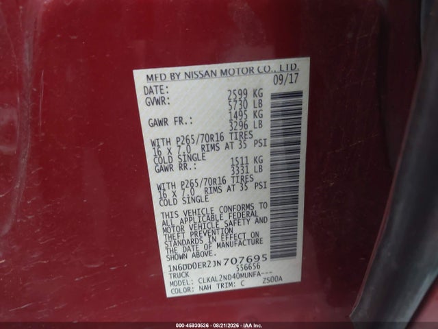 Aukcja sprzedaży 2018 Nissan Frontier Sv, vin: 1N6DD0ER2JN707695, numer aukcji: 45930536