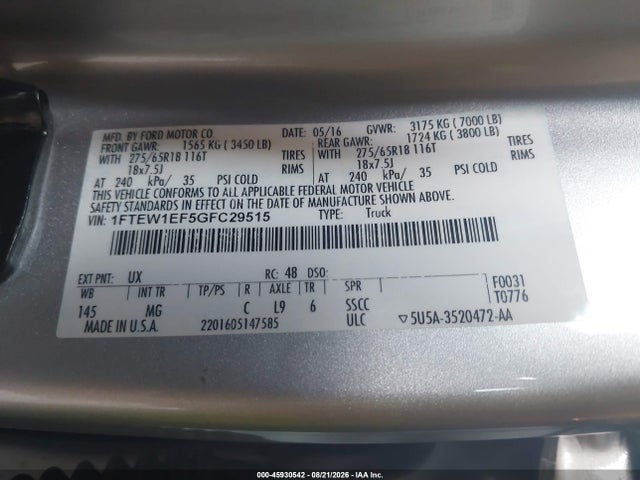 2016 Ford F-150 Xlt მანქანა იყიდება აუქციონზე, vin: 1FTEW1EF5GFC29515, აუქციონის ნომერი: 45930542