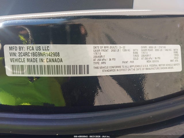 2022 Chrysler Pacifica Touring L მანქანა იყიდება აუქციონზე, vin: 2C4RC1BG9NR142908, აუქციონის ნომერი: 45930543