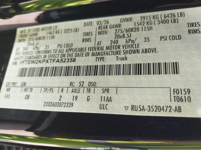 2026 Ford F-150 Stx მანქანა იყიდება აუქციონზე, vin: 1FTEW2KPXTFA52358, აუქციონის ნომერი: 45930545