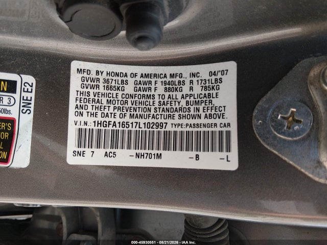 Aukcja sprzedaży 2007 Honda Civic Lx, vin: 1HGFA16517L102997, numer aukcji: 45930551