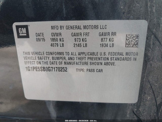 Продажа на аукционе авто 2016 Chevrolet Cruze Limited 1lt Auto, vin: 1G1PE5SB0G7170252, номер лота: 45930553