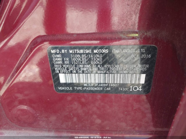 2017 Mitsubishi Mirage G4 Es მანქანა იყიდება აუქციონზე, vin: ML32F3FJ4HHF14607, აუქციონის ნომერი: 45930586