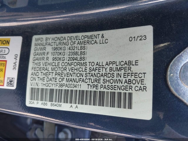 Aukcja sprzedaży 2023 Honda Accord Ex, vin: 1HGCY1F38PA003411, numer aukcji: 45930590