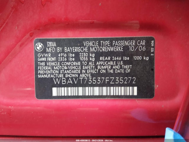 2007 Bmw 328xi მანქანა იყიდება აუქციონზე, vin: WBAVT73537FZ35272, აუქციონის ნომერი: 45930613