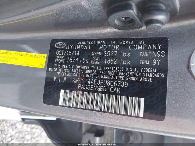 2015 Hyundai Accent Gls მანქანა იყიდება აუქციონზე, vin: KMHCT4AE3FU806739, აუქციონის ნომერი: 45930616