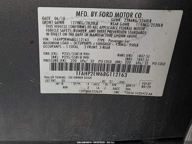 Продажа на аукционе авто 2011 Ford Taurus Sel, vin: 1FAHP2EW6BG112163, номер лота: 45930618