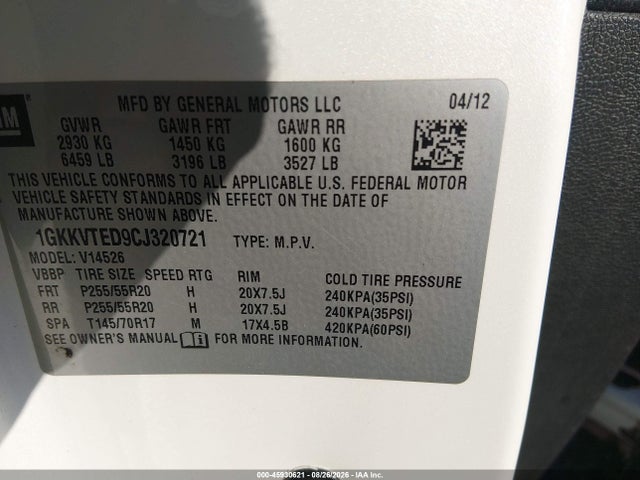 Продаж на аукціоні авто 2012 Gmc Acadia Denali, vin: 1GKKVTED9CJ320721, номер лоту: 45930621