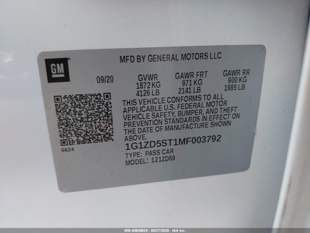 Aukcja sprzedaży 2021 Chevrolet Malibu Fwd Lt, vin: 1G1ZD5ST1MF003792, numer aukcji: 45930625