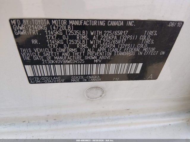 Aukcja sprzedaży 2010 Toyota Rav4 Limited V6, vin: 2T3DK4DV9AW034525, numer aukcji: 45930633