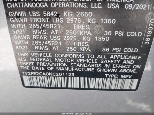 Продажа на аукционе авто 2022 Volkswagen Atlas Cross Sport 3.6l V6 Sel Premium R-line, vin: 1V2FE2CA0NC201123, номер лота: 45930639