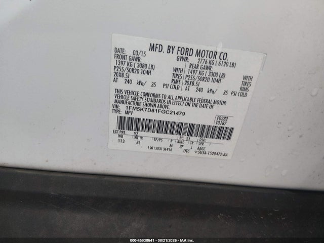 Продаж на аукціоні авто 2015 Ford Explorer Xlt, vin: 1FM5K7D81FGC21479, номер лоту: 45930641