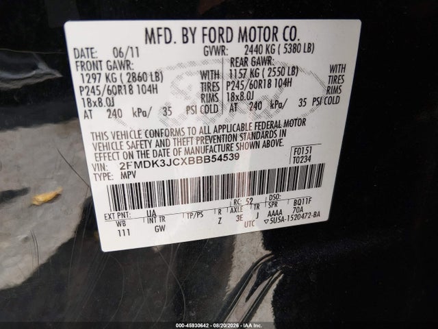 Продаж на аукціоні авто 2011 Ford Edge Sel, vin: 2FMDK3JCXBBB54539, номер лоту: 45930642