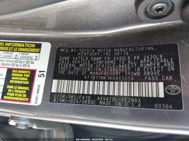 Продажа на аукционе авто 2019 Toyota Camry Le, vin: 4T1B11HK1KU845058, номер лота: 45930654
