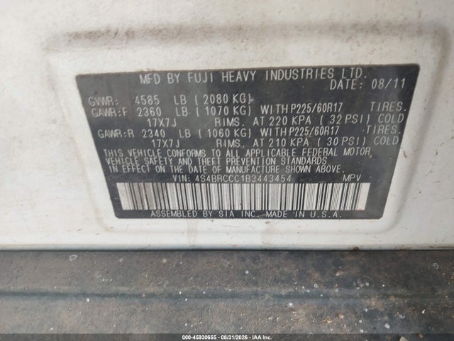 Aukcja sprzedaży 2011 Subaru Outback 2.5i Premium, vin: 4S4BRCCC1B3443454, numer aukcji: 45930655